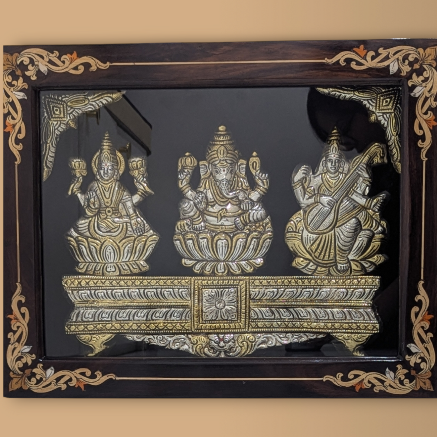Silver Lakshmi Ganesh Saraswati Rosewood Frame