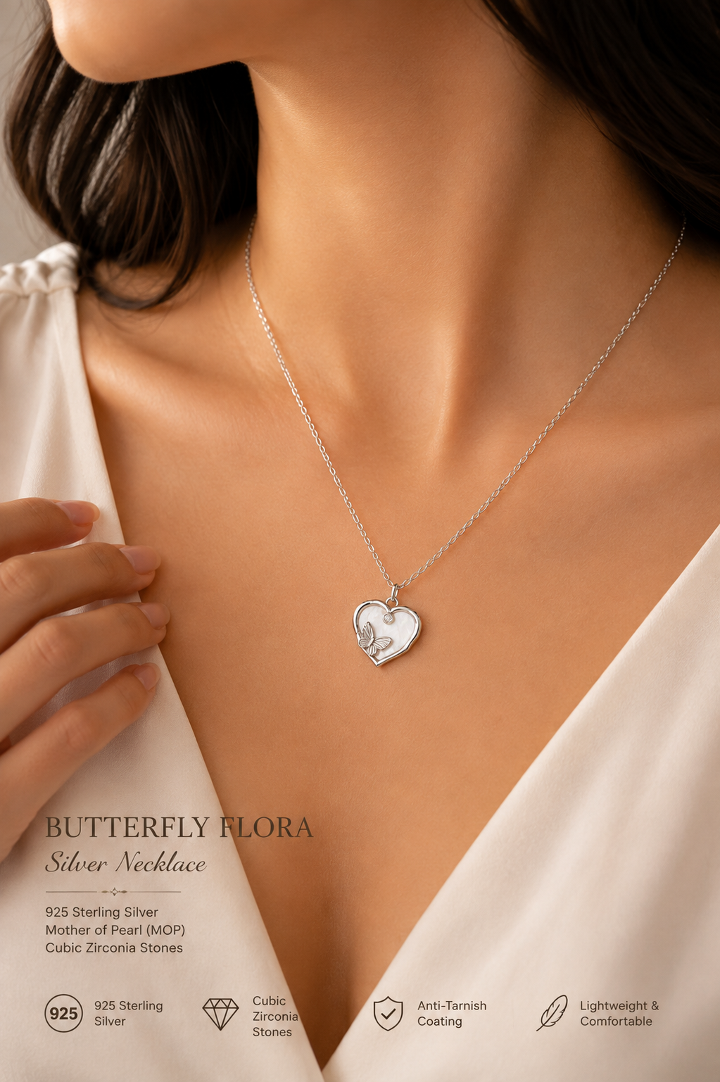 Silver MOP Butterfly Flora Chain-Pendent Set
